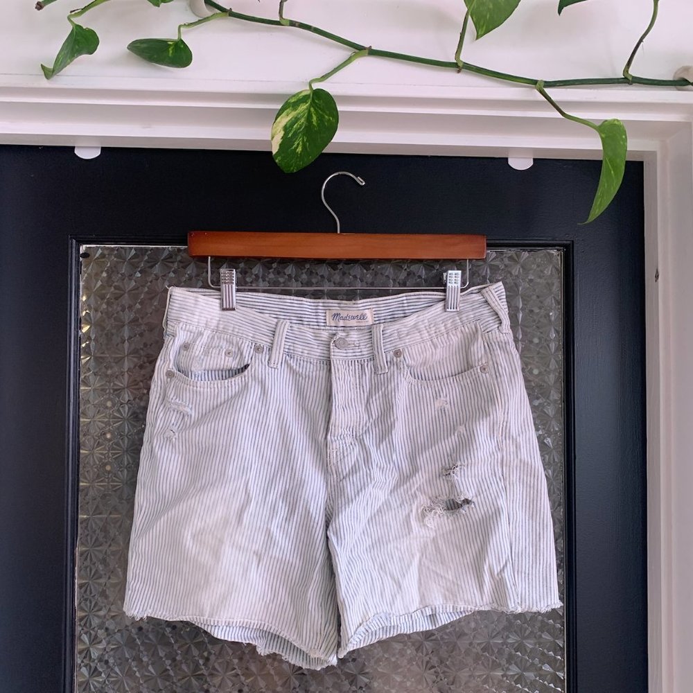 Madewell Light Blue Railroad Stripe Striped Button Fly Linen Nautical Shorts - Picture 1 of 5